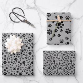 Schwarze Paw Prints auf Grau Geschenkpapier Set