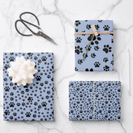 Schwarze Paw-Prints auf hellblau Geschenkpapier Set