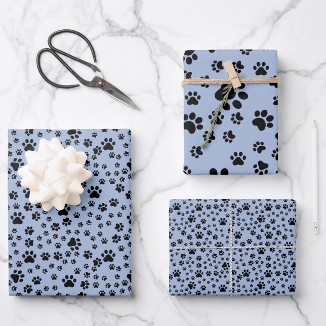 Schwarze Paw-Prints auf hellblau Geschenkpapier Set (Vorderseite)