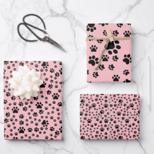 Schwarze Paw Prints auf Lemonade Pink Geschenkpapier Set