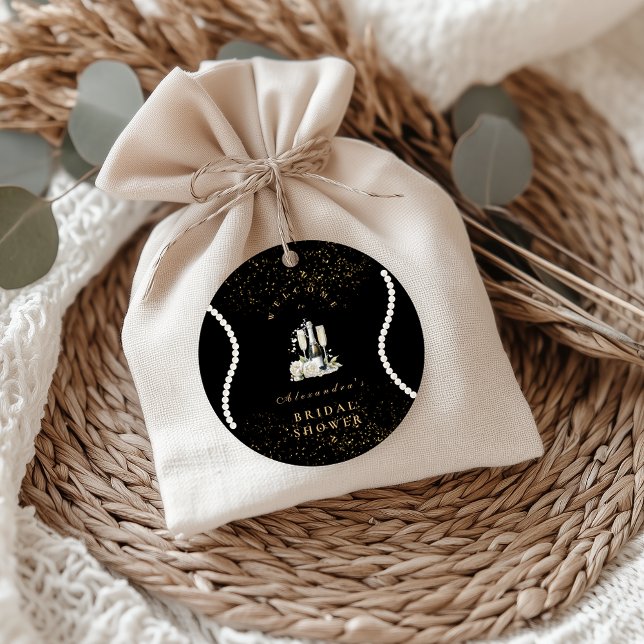 Schwarze Perlen und Prosecco-Brautparty Runder Aufkleber (Von Creator hochgeladen)