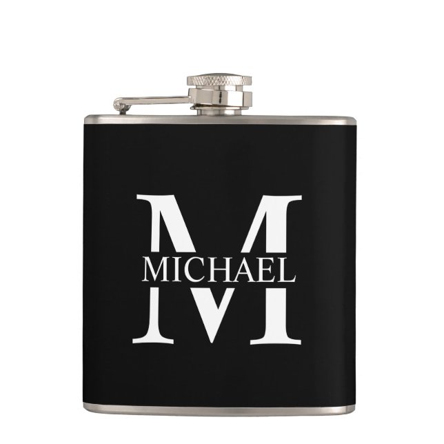 Schwarze personalisierte Monogramm- und Namens-Fla Flachmann (Vorderseite)