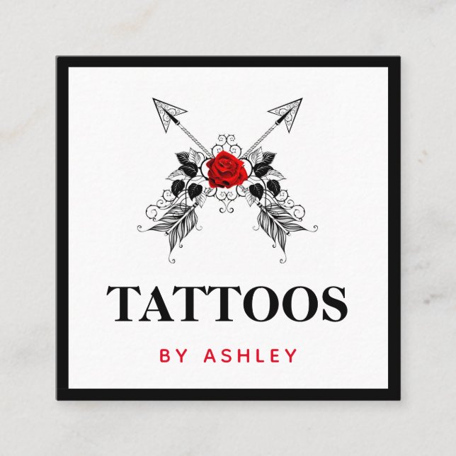 Schwarze Pfeile & Rote Rose Tattoo Artist Feminine Quadratische Visitenkarte (Vorderseite)
