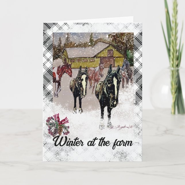 Schwarze Pferde Winter auf dem Bauernhof karierter Einladung (Vorderseite)