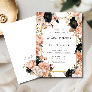 Schwarze Pfirsich-Gold-Blumen Hochzeit personalisi Einladung