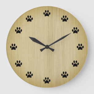 Schwarze Pfotenabdrücke als Zahlen Rustikaler Holz Große Wanduhr