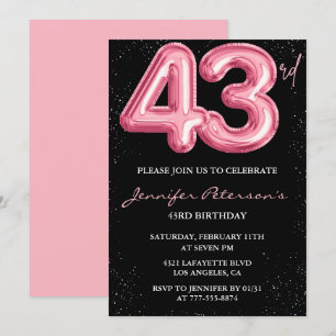 Schwarze Pink 43. Geburtstagseinladungen Ballon Gl Einladung