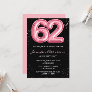 Schwarze Pink 62. Geburtstagseinladungen Ballon Gl Einladung