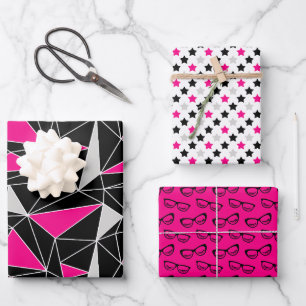 Schwarze Pink Geometrie Sterne Brille Geschenkpapier Set