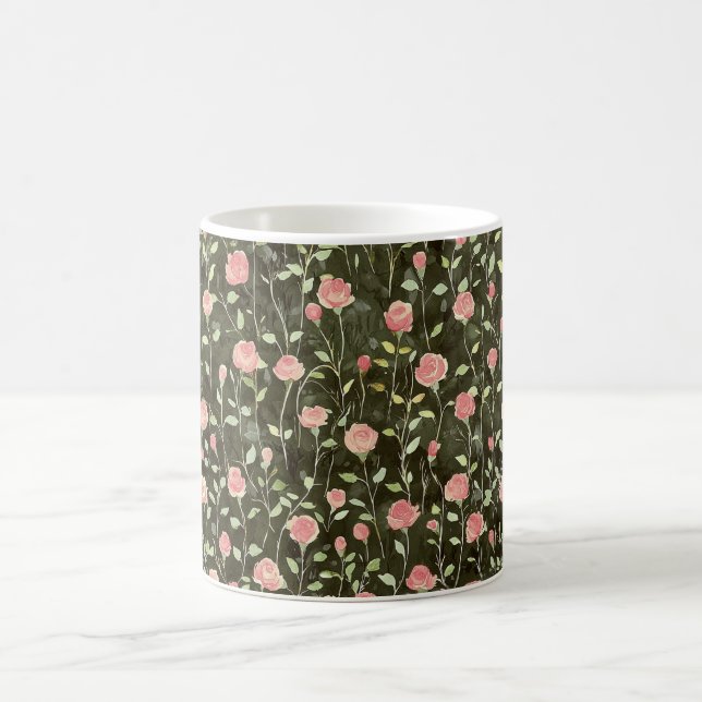 Schwarze Pink-Rose-Floral   Kaffeetasse (Mittel)