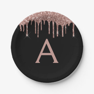 Schwarze Pink-Roségold Glitter Monogramm Geburtsta Pappteller