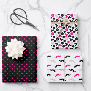 Schwarze Pinke Geometrie Polka Punkte Schnurrbart Geschenkpapier Set