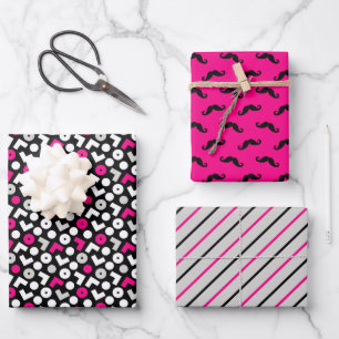 Schwarze Pinke Geometrie Schnurrbart Streifen Geschenkpapier Set