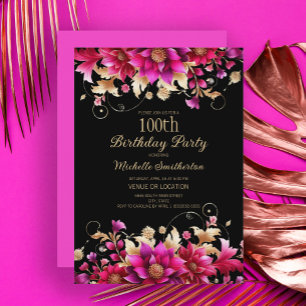 Schwarze pinke goldene Blumenparty zum 100. Geburt Einladung