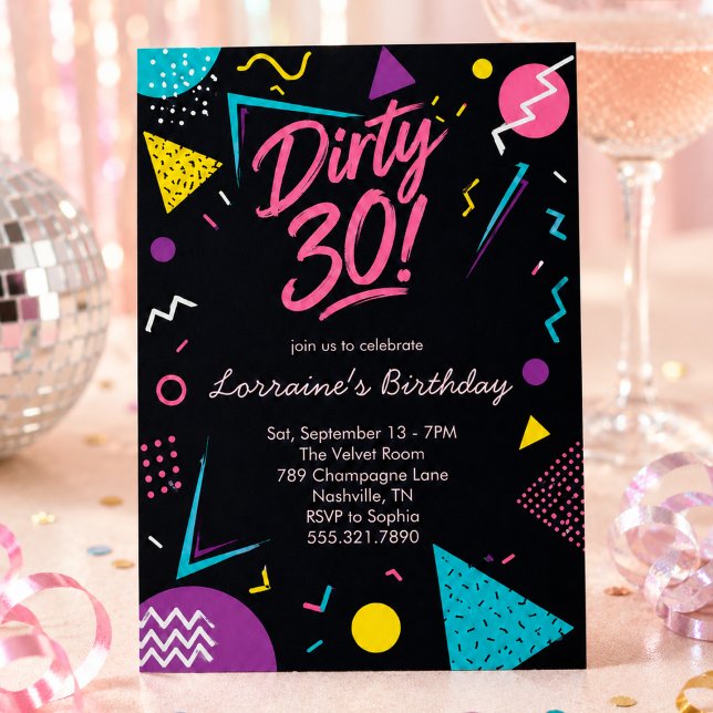 Schwarze Pinke Retro 30  Einladung (Von Creator hochgeladen)