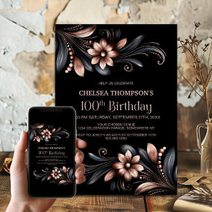 Schwarze pinkfarbene Blumeneinladung zum 100. Gebu Einladung