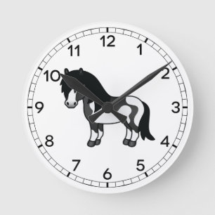 Schwarze Pinto-Shetland-Pony-Cartoon-Illustration Runde Wanduhr