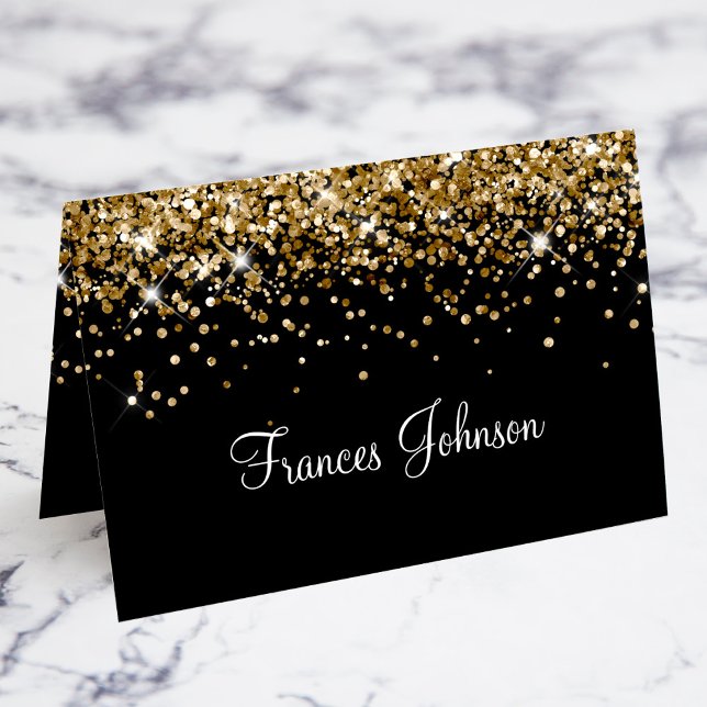 Schwarze Platzkarten für den Gold-Glitzer Tischnummer (Gold Glitter Black Individual Name Place Cards)