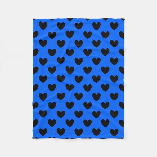 Schwarze Polka Herzen auf blau Fleecedecke (Vorderseite)