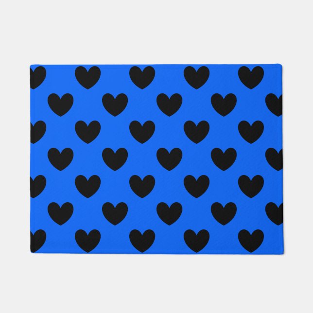 Schwarze Polka Herzen auf blau Fußmatte (Vorderseite)