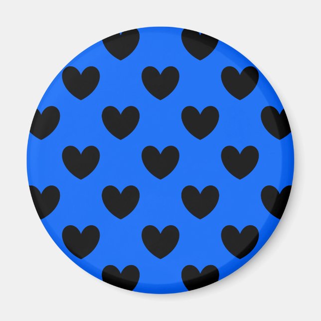 Schwarze Polka Herzen auf blau Magnet (Vorne)