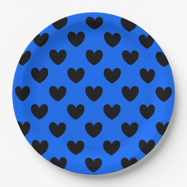 Schwarze Polka Herzen auf blau Pappteller (Vorderseite)
