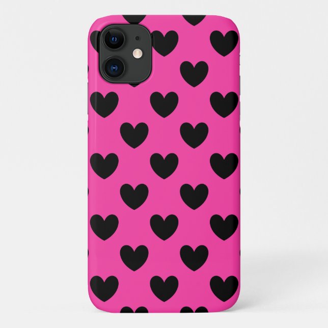Schwarze Polka Herzen auf Fuchsienrosa Case-Mate iPhone Hülle (Rückseite)