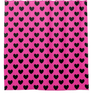 Schwarze Polka Herzen auf Fuchsienrosa Duschvorhang