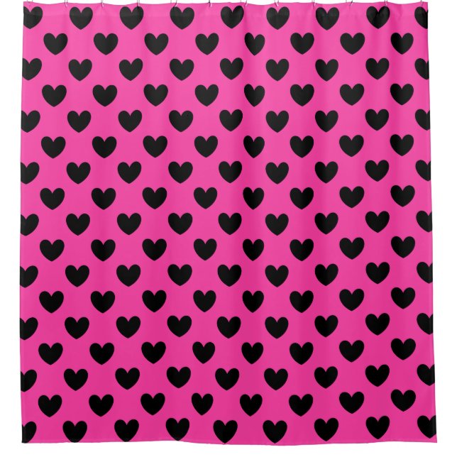 Schwarze Polka Herzen auf Fuchsienrosa Duschvorhang (Vorderseite)