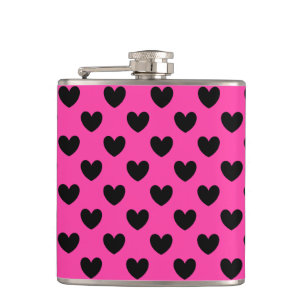 Schwarze Polka Herzen auf Fuchsienrosa Flachmann