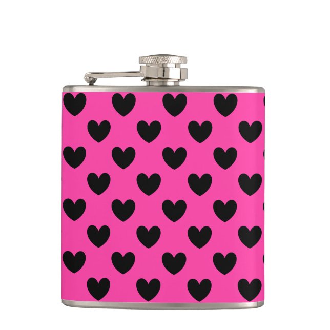 Schwarze Polka Herzen auf Fuchsienrosa Flachmann (Vorderseite)