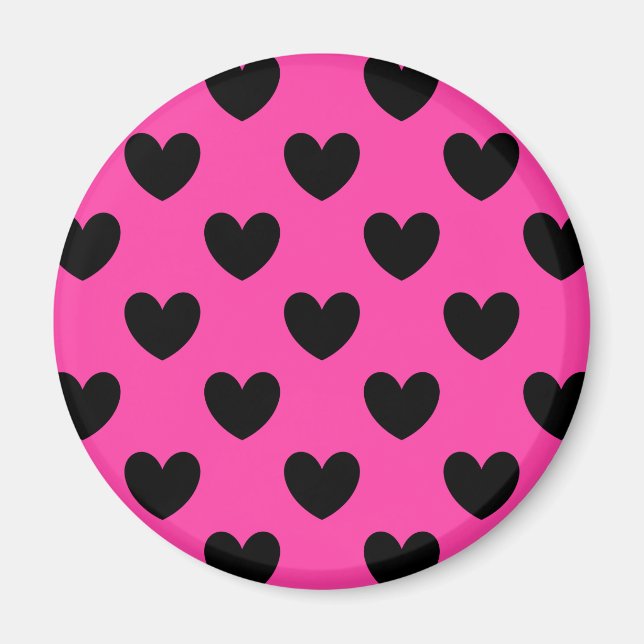 Schwarze Polka Herzen auf Fuchsienrosa Magnet (Vorne)