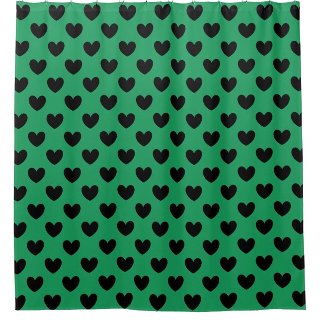 Schwarze Polka Herzen auf Kelly Green Duschvorhang (Vorderseite)