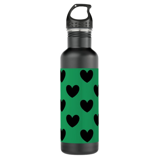 Schwarze Polka Herzen auf Kelly Green Edelstahlflasche (Vorderseite)
