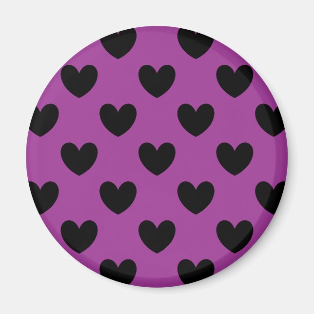 Schwarze Polka-Herzen auf lila Magnet (Vorne)