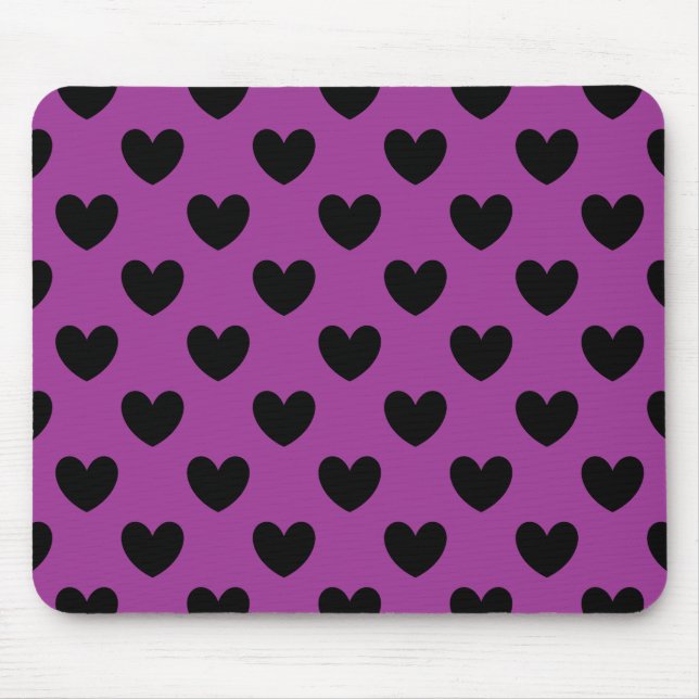 Schwarze Polka-Herzen auf lila Mousepad (Vorne)
