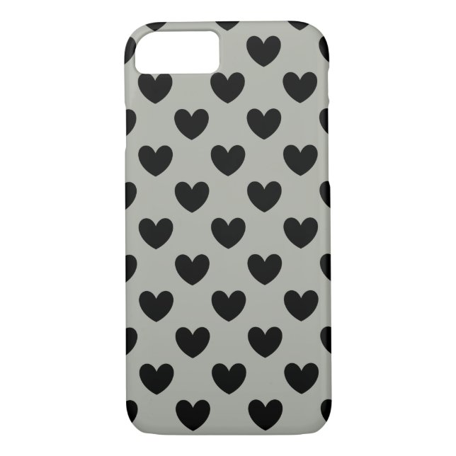 Schwarze Polka Herzen auf Pussywillow Gray Case-Mate iPhone Hülle (Rückseite)