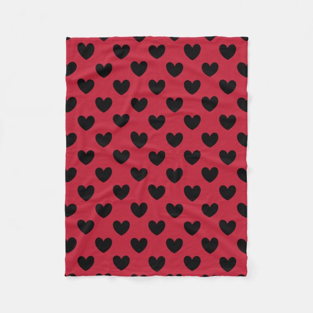 Schwarze Polka Herzen auf rot Fleecedecke (Vorderseite)