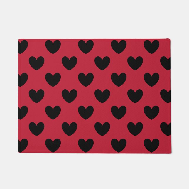 Schwarze Polka Herzen auf rot Fußmatte (Vorderseite)
