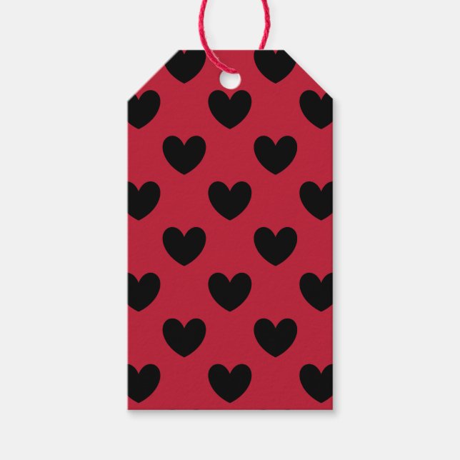Schwarze Polka Herzen auf rot Geschenkanhänger (Vorderseite)