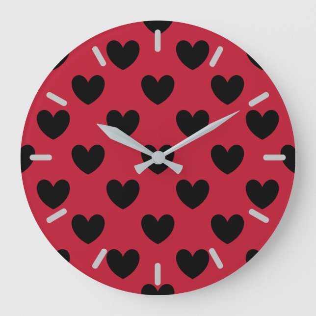 Schwarze Polka Herzen auf rot Große Wanduhr (Vorderseite)