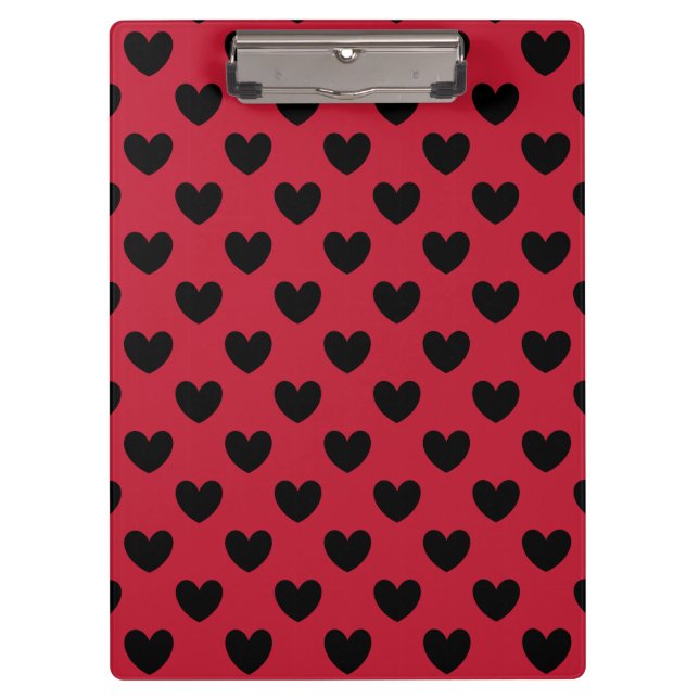Schwarze Polka Herzen auf rot Klemmbrett (Vorderseite)