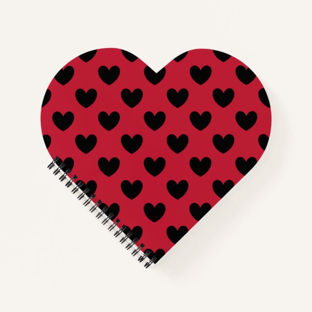 Schwarze Polka Herzen auf rot Notizbuch (Vorderseite)
