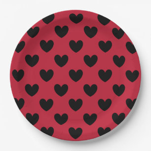 Schwarze Polka Herzen auf rot Pappteller