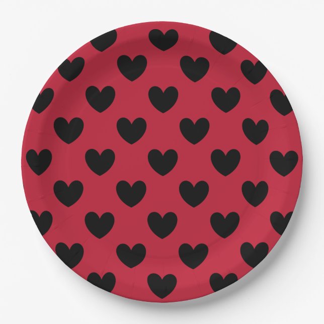 Schwarze Polka Herzen auf rot Pappteller (Vorderseite)