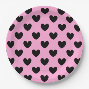 Schwarze Polka Herzen auf Zuckerwatte rosa Pappteller