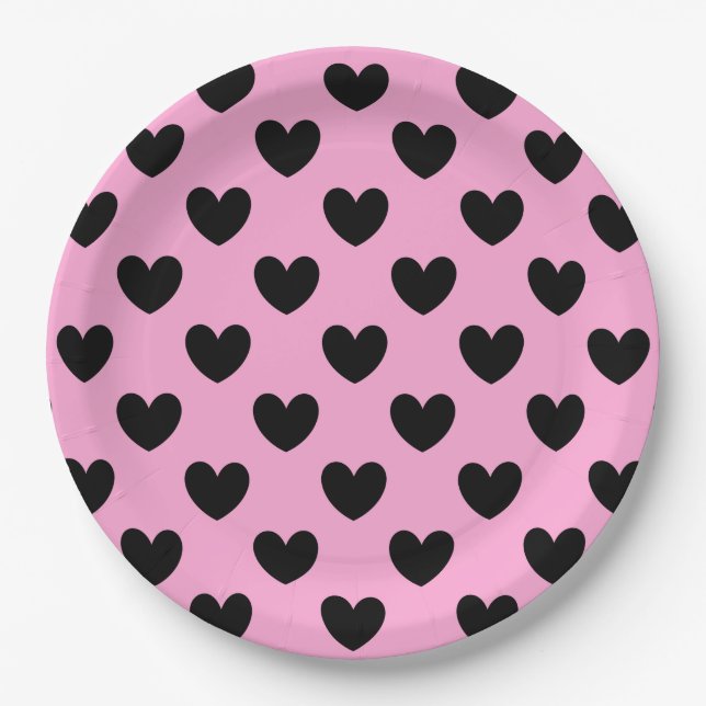 Schwarze Polka Herzen auf Zuckerwatte rosa Pappteller (Vorderseite)