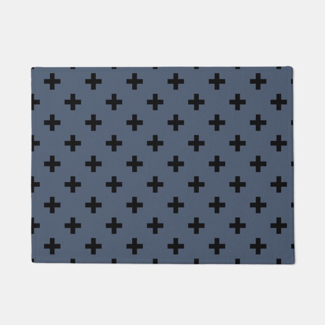 Schwarze Polka-Kreuze auf blau-grau Fußmatte (Vorderseite)