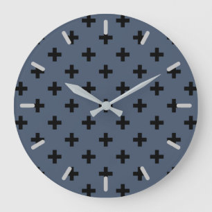 Schwarze Polka-Kreuze auf blau-grau Große Wanduhr