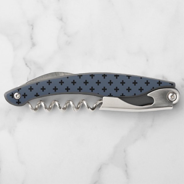 Schwarze Polka-Kreuze auf blau-grau Kellnermesser (Rückseite)